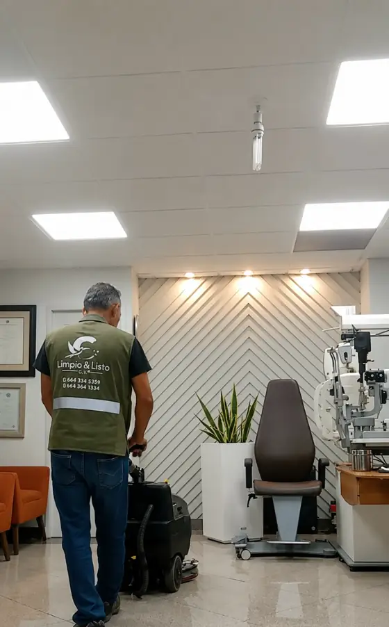 Operador de Limpio y Listo con uniforme verde olivo realizando lavado mecánico de pisos en una clínica de Tijuana